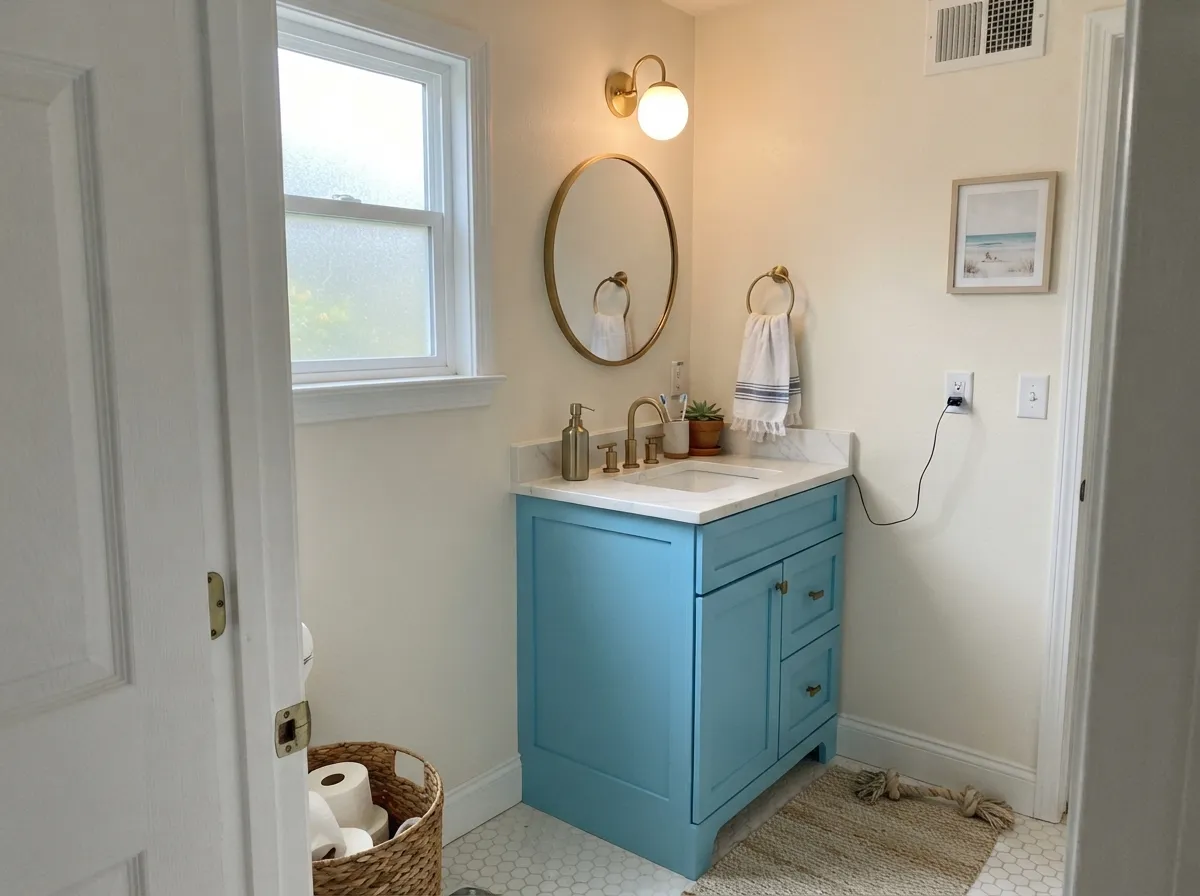 Its best small commitment: a powder-room vanity that reads intentional, not accidental.