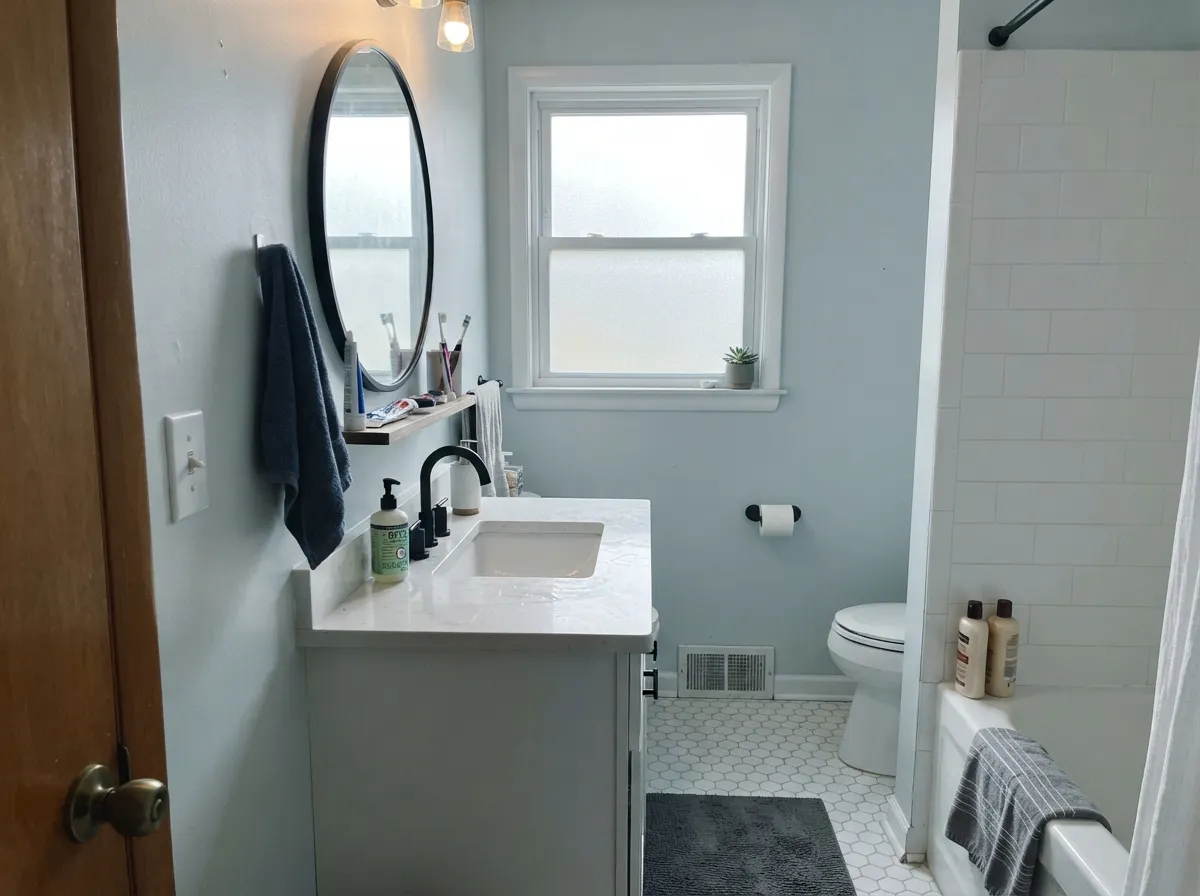 The combination it was made for: cool quartz, black hardware, white subway tile. Nothing here is fighting the paint.