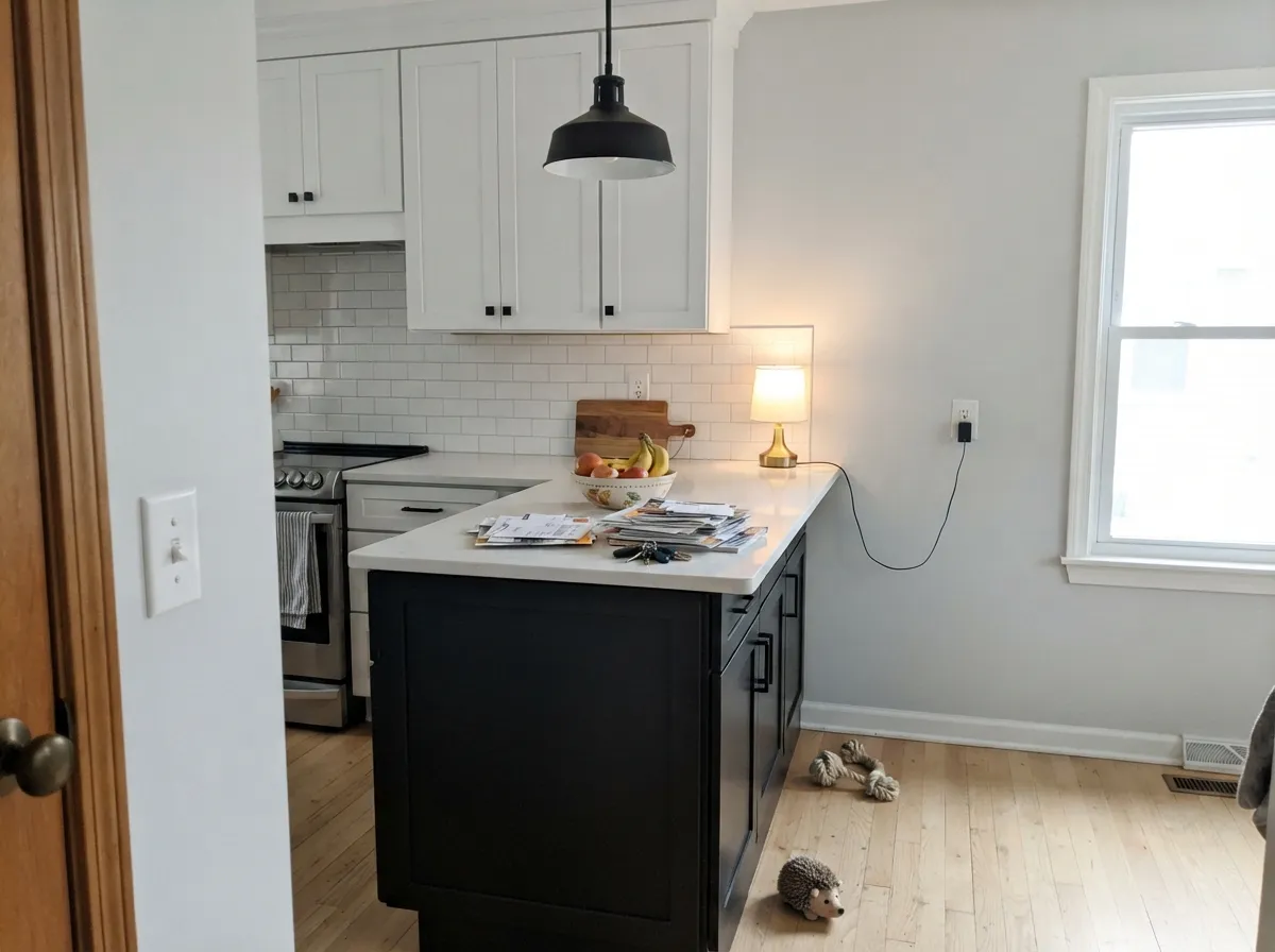 White cabinets, a black island, white oak underfoot — the exact recipe this cool gray keeps rewarding.