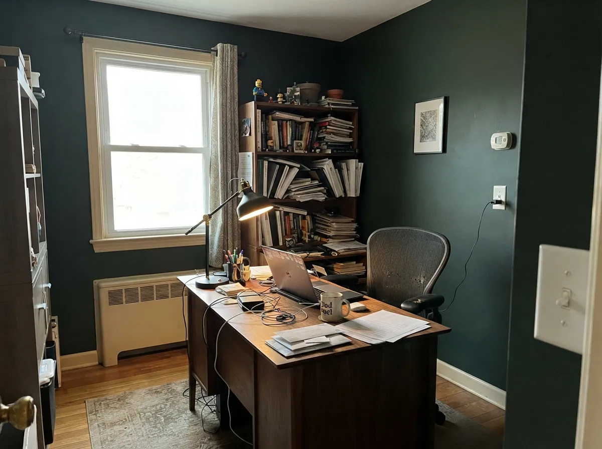 With warm lamp light, walnut, and beige trim it goes moody in the good way — a considered evening room, not a bright one.