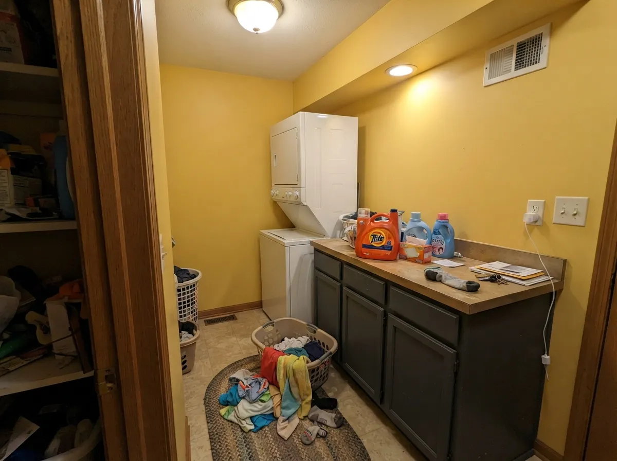 Its second-best home — small utility rooms take full-strength color well, and the charcoal cabinets give the gold an edge to stop against.