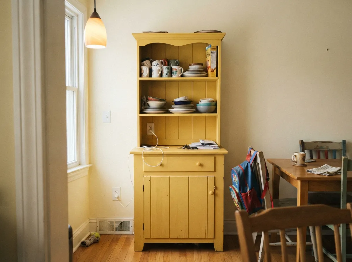 In doses it is the good stuff — a gold hutch under Swiss Coffee walls, cheerful without committing the whole kitchen.