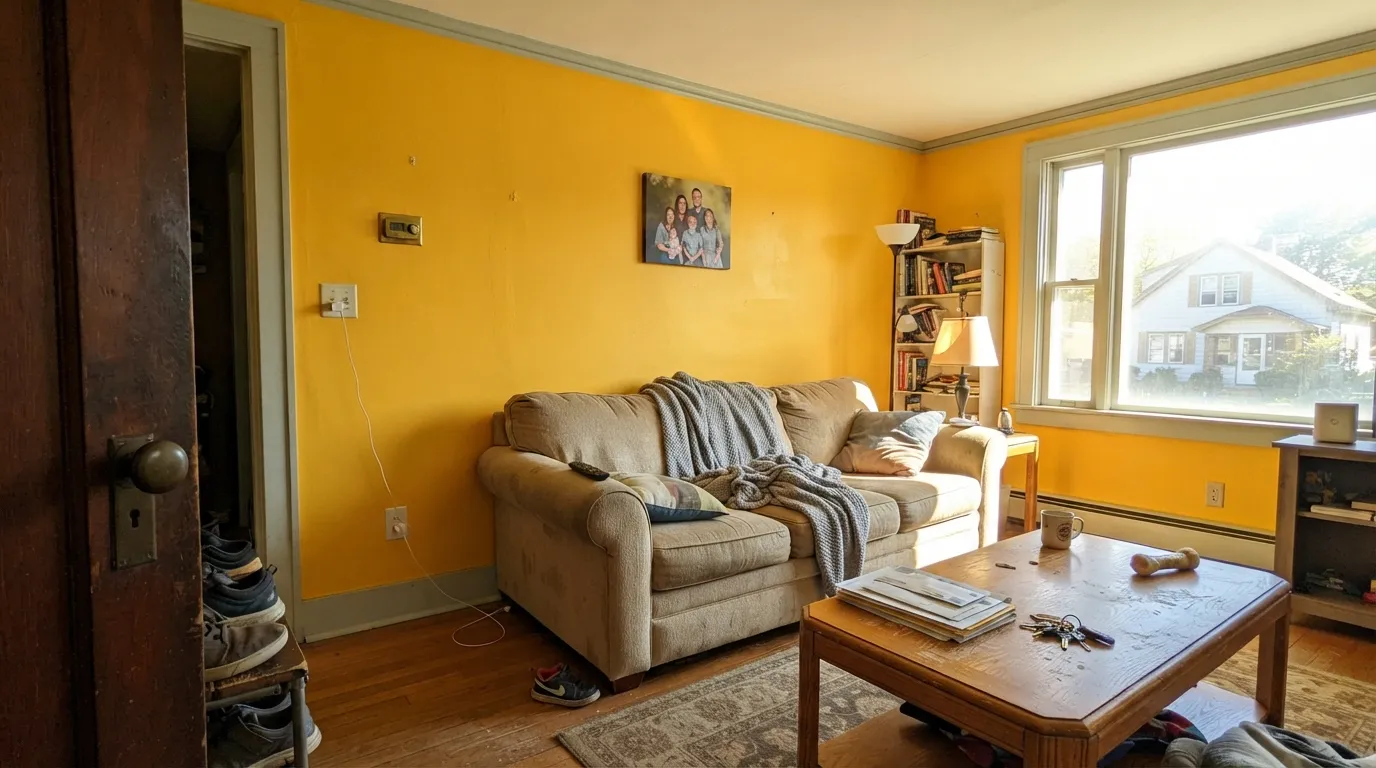 The honest shot: in a big bright south room the same gold goes highlighter, and the bounce tints the ceiling and makes crisp white trim look dingy.
