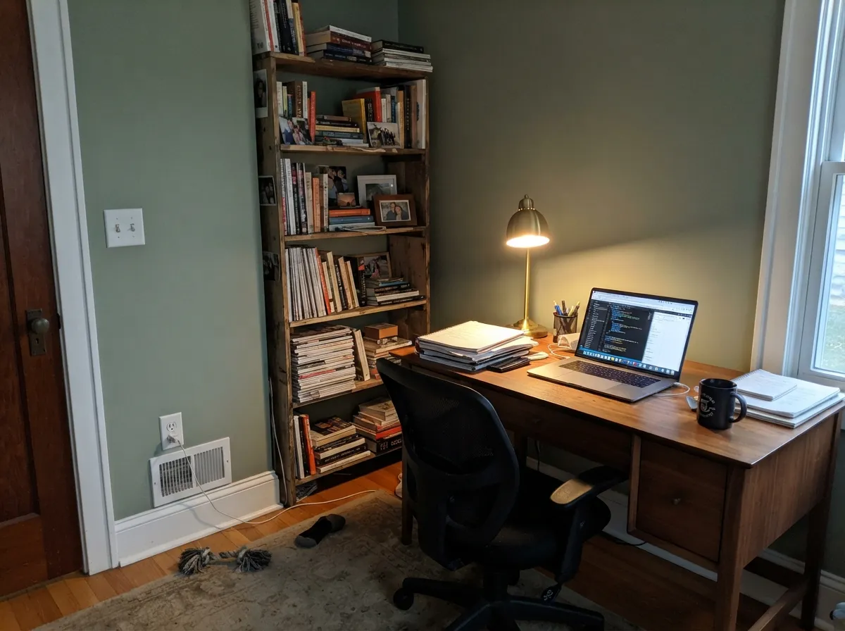 Under warm lamp light in a den or office, the green settles into a soft, mossy gray — its most flattering everyday light.