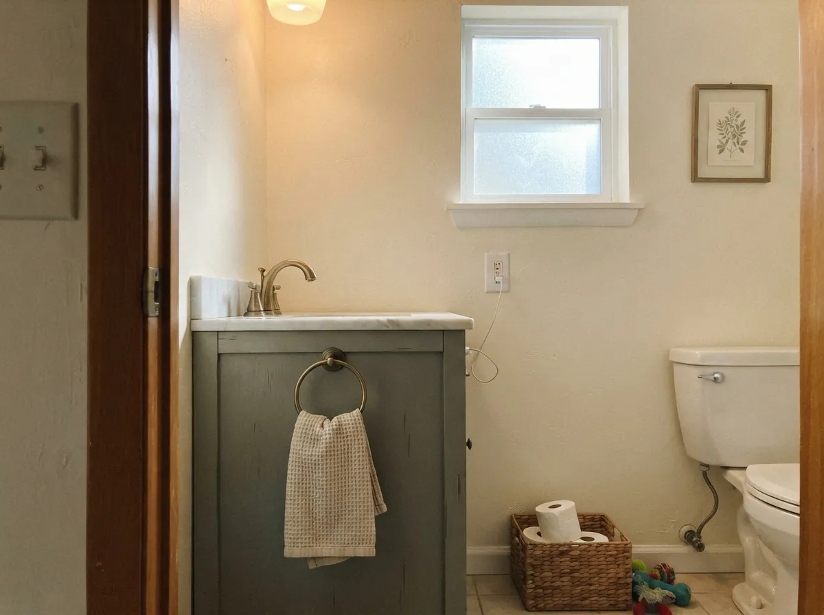 The designer-scale move: a painted vanity under cream walls, small enough to commit to without repainting the whole house.