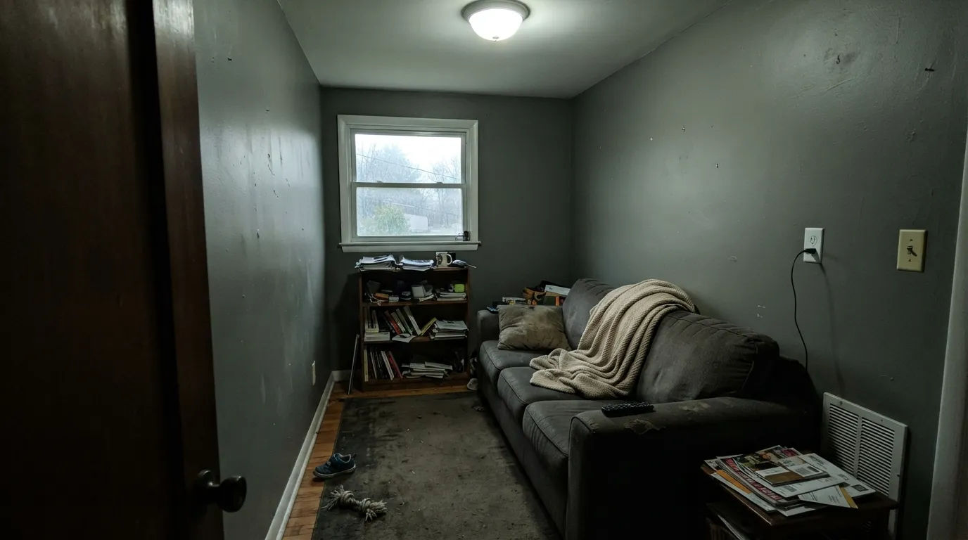 The honest shot: dim light and a cool bulb overhead, and the green is gone — just a flat, slightly muddy dark gray. This is the light behind every "it just looks gray to me" complaint.