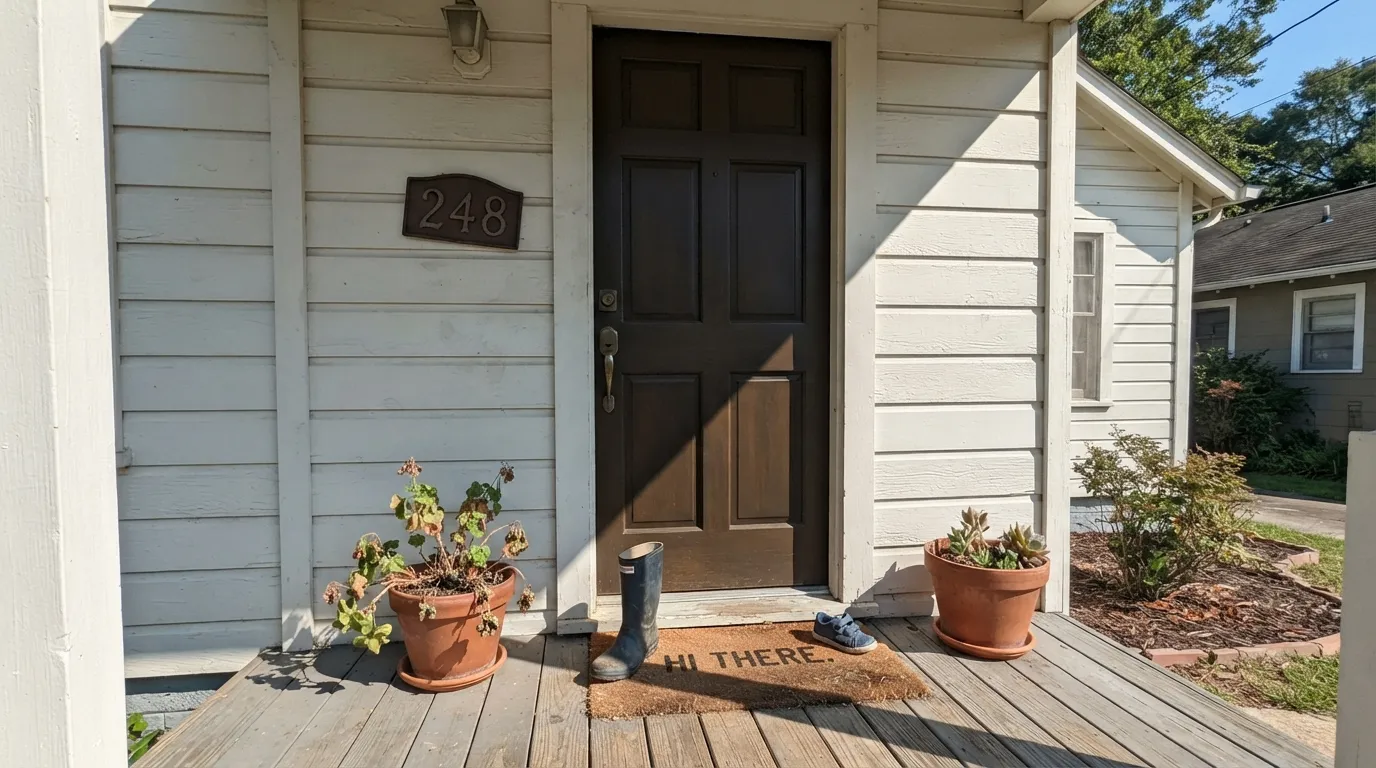 Iron Mountain in the light it was built for — full sun on the front door pulls the bronze forward and the classic white-siding, dark-door combo looks deliberate, not heavy.