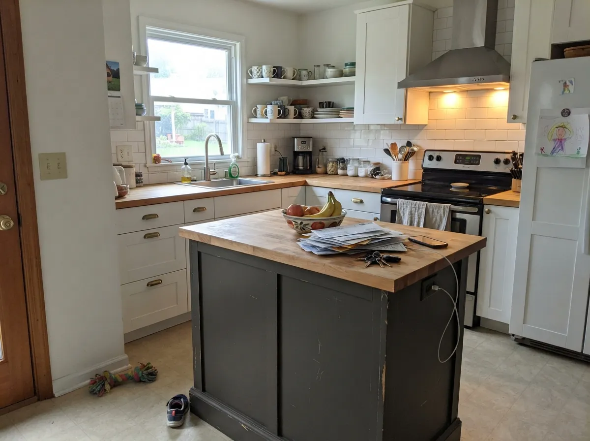 Against white perimeter cabinets the island reads as a confident warm black — the doses-not-whole-kitchen job this color does best.