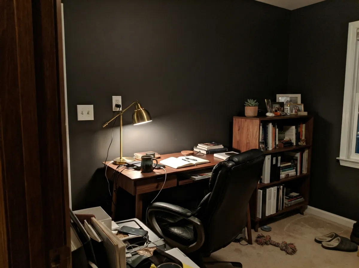 Under a warm lamp at night the wall goes cozy and enveloping instead of gloomy — its second-best job, doses of light doing the same work daylight does outside.