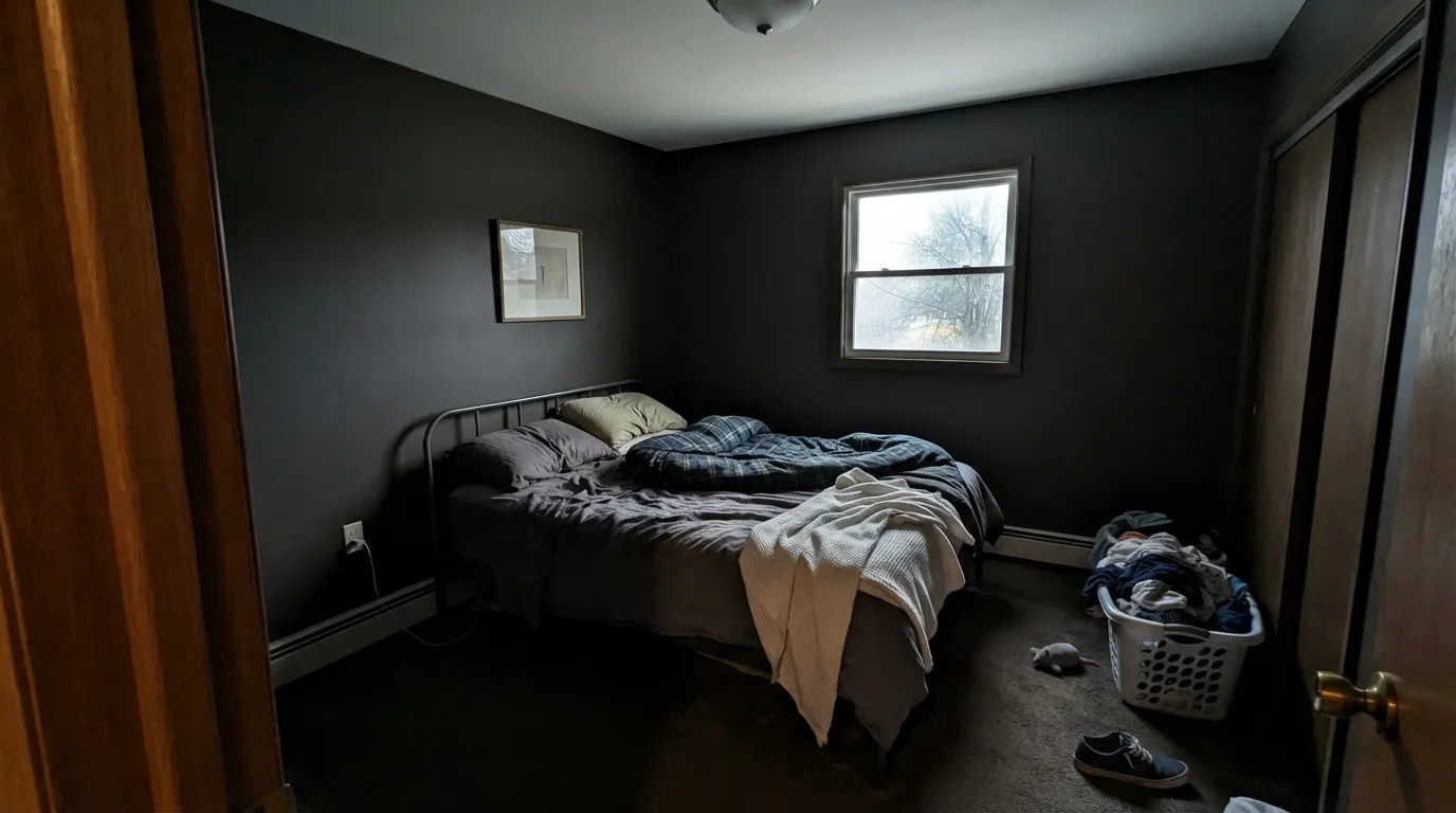 The honest shot: a whole room, cool overhead light, no lamps — the bronze disappears and it is just a dark, flat room. This is the setup behind every "looked so much better on the chip" story.
