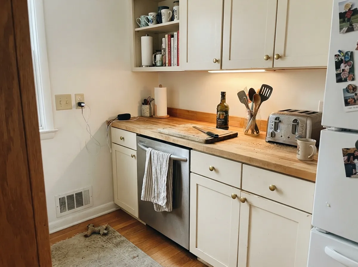 Satin Ivory White on cabinets with brass and butcher block — the cream hides knuckle marks a brighter white would broadcast, and it reads like painted furniture.