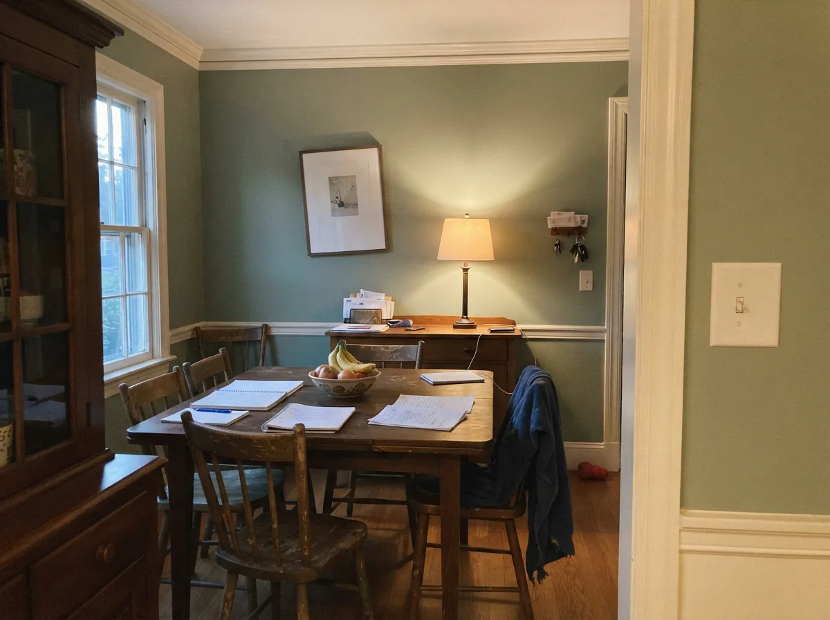Ivory White millwork against Saybrook Sage — the traditional dining-room pairing, cream trim looking finished rather than bright.