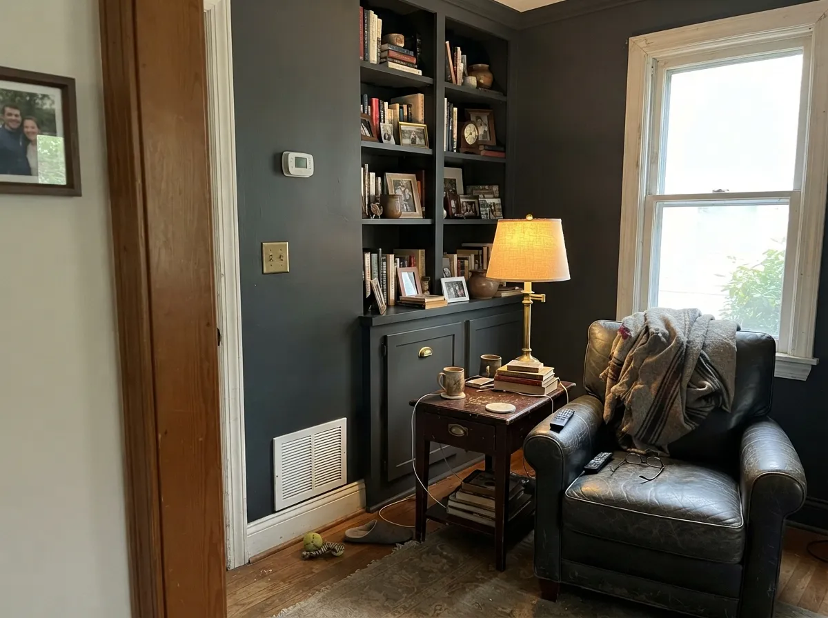 Kendall Charcoal on the walls, trim and built-ins of a study.