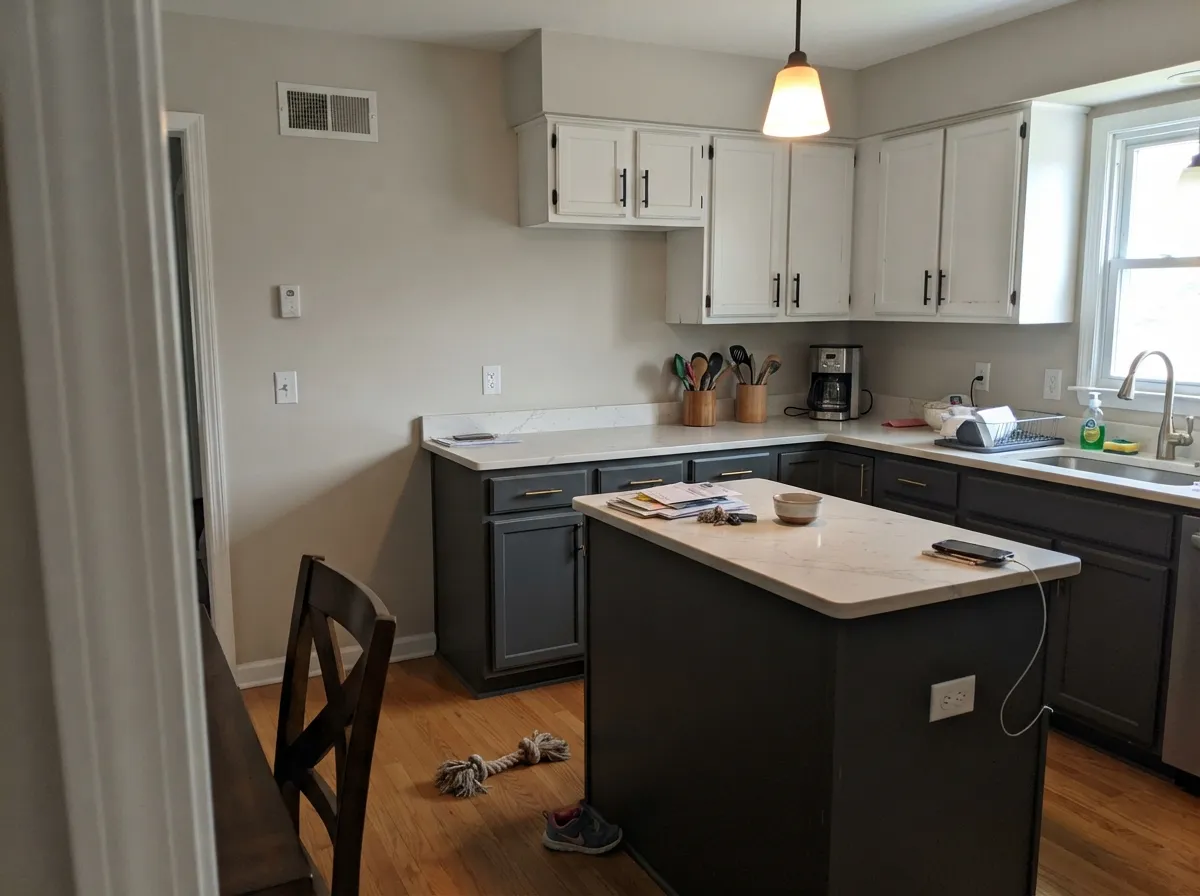 Kendall Charcoal kitchen island and lower cabinets beneath white uppers.