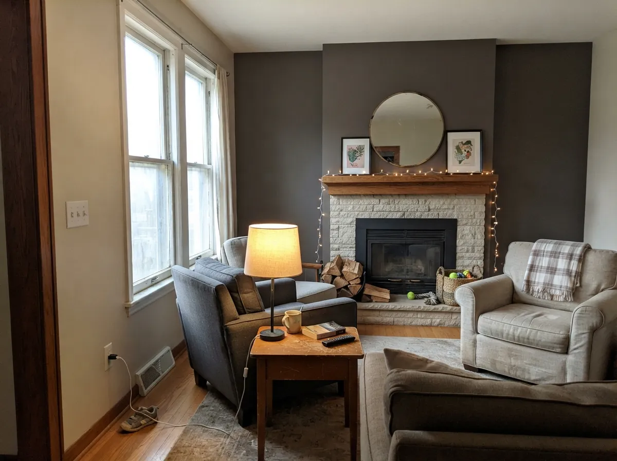 Kendall Charcoal on a living room fireplace accent wall.