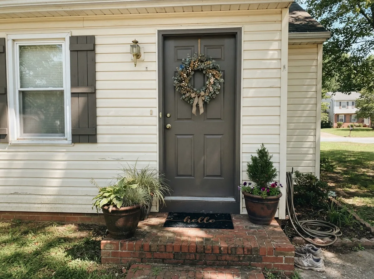 Kendall Charcoal front door and shutters against cream siding in full sun.
