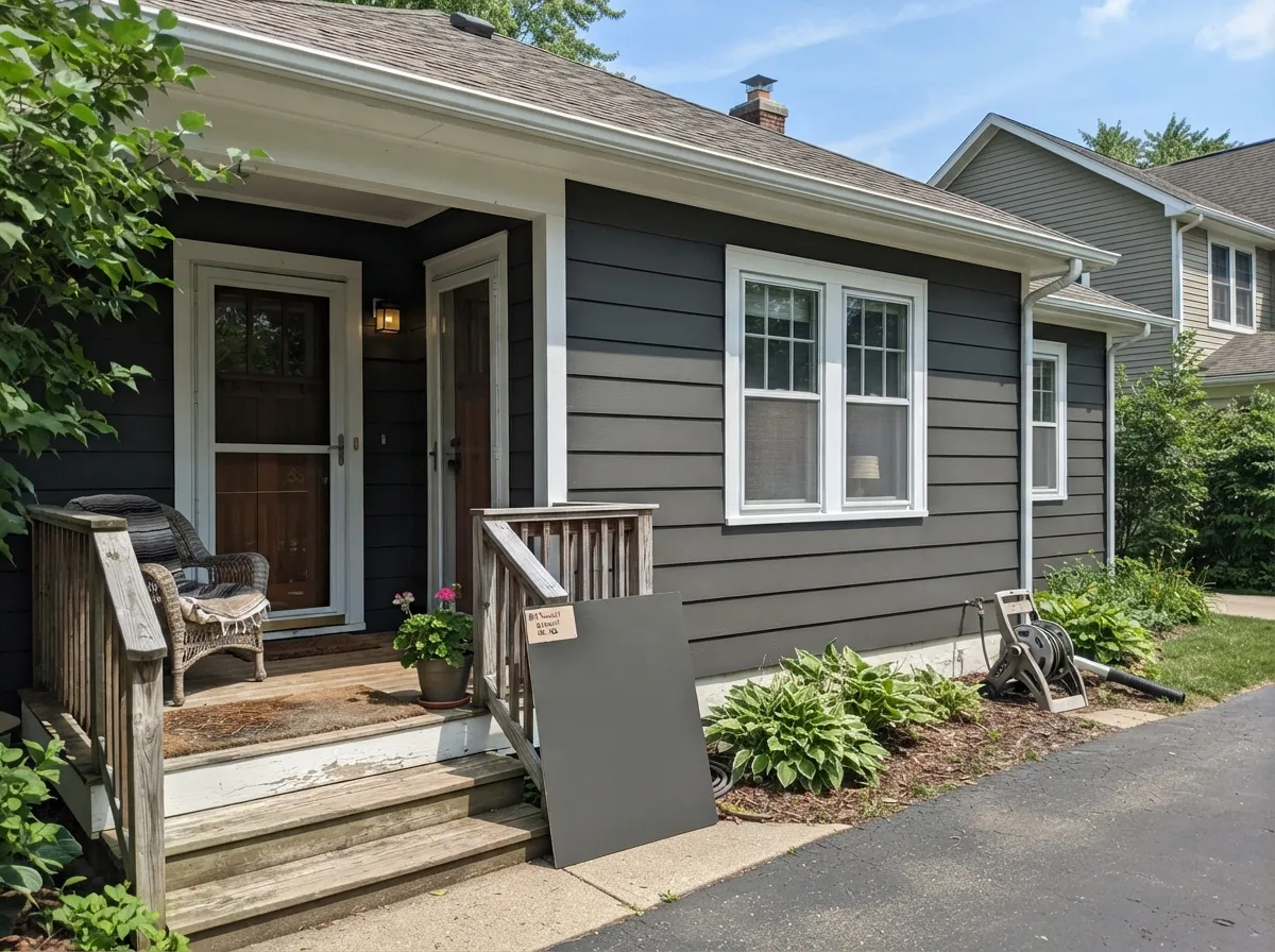 Kendall Charcoal exterior siding with white trim, shown in sun and shade.