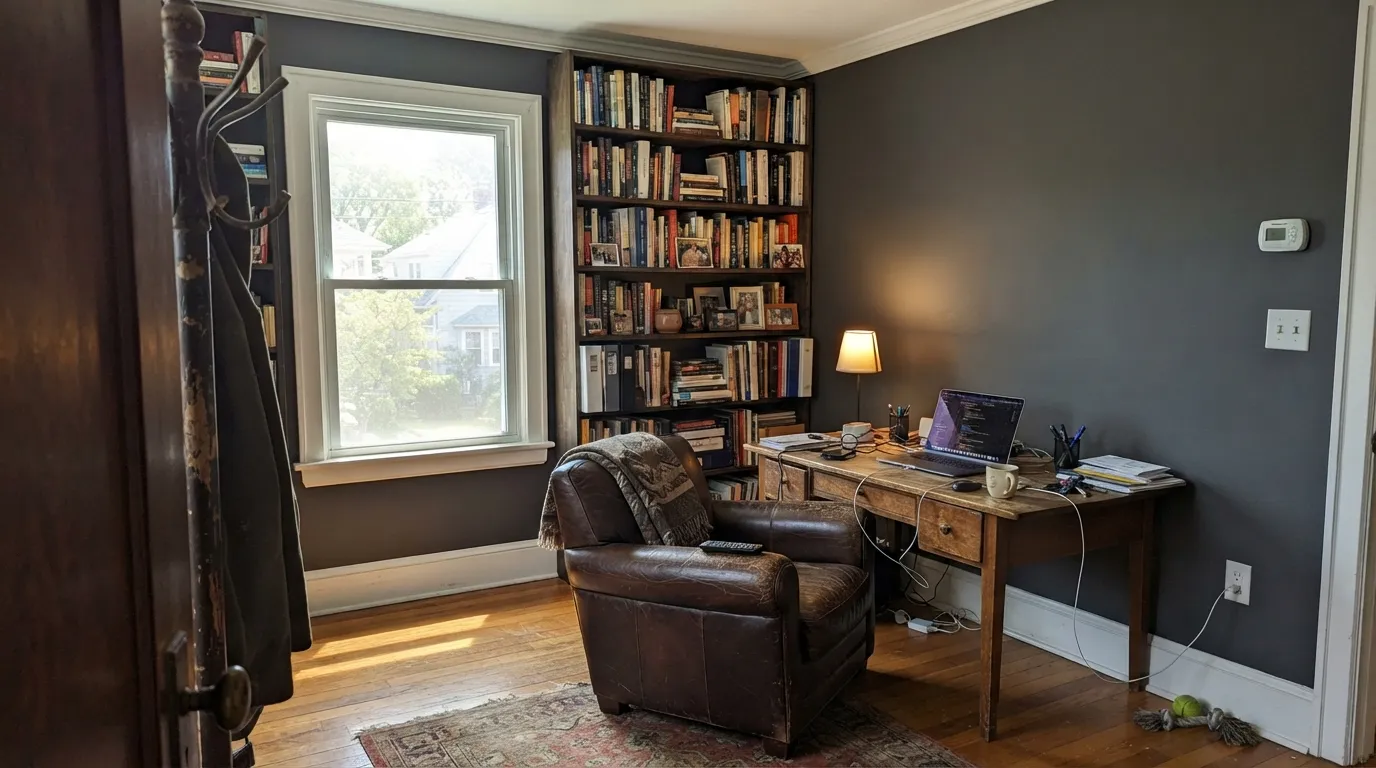 Kendall Charcoal in an afternoon-lit study — enough daylight and the charcoal stays a warm, readable gray against White Dove trim.
