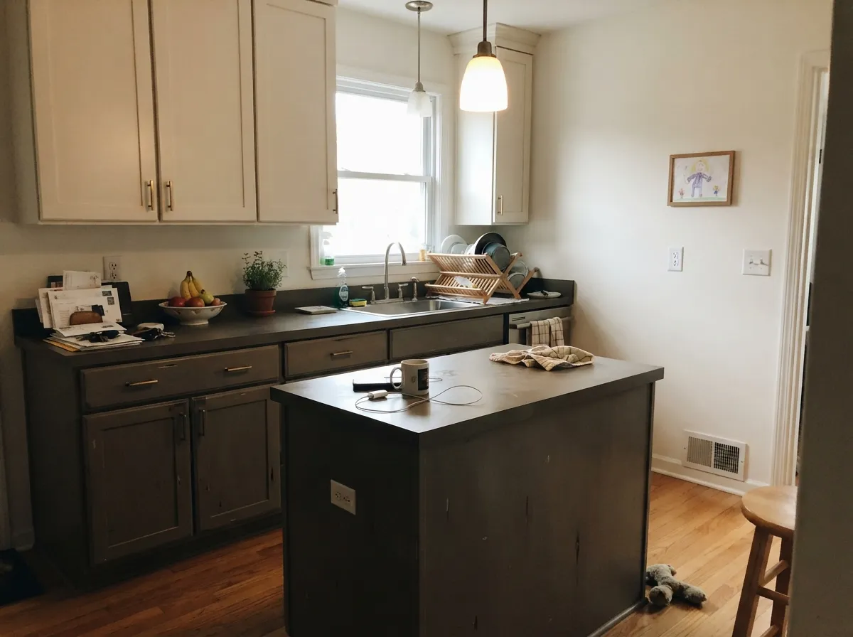 On an island the color gets bounced light from the counters, so it reads charcoal rather than black.