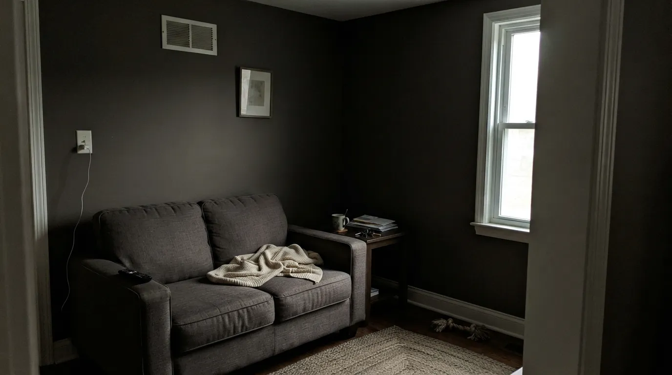 The honest shot: in a dim north room with the lamps off, Kendall Charcoal stops being charcoal and reads as flat black — the exact situation behind most of the regret stories.