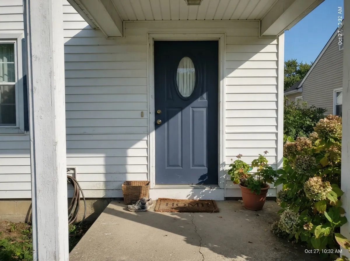 Full morning sun is Kensington Blue's most forgiving light — outdoors, on a door, the color needs none of the light-coaching it wants on interior walls.