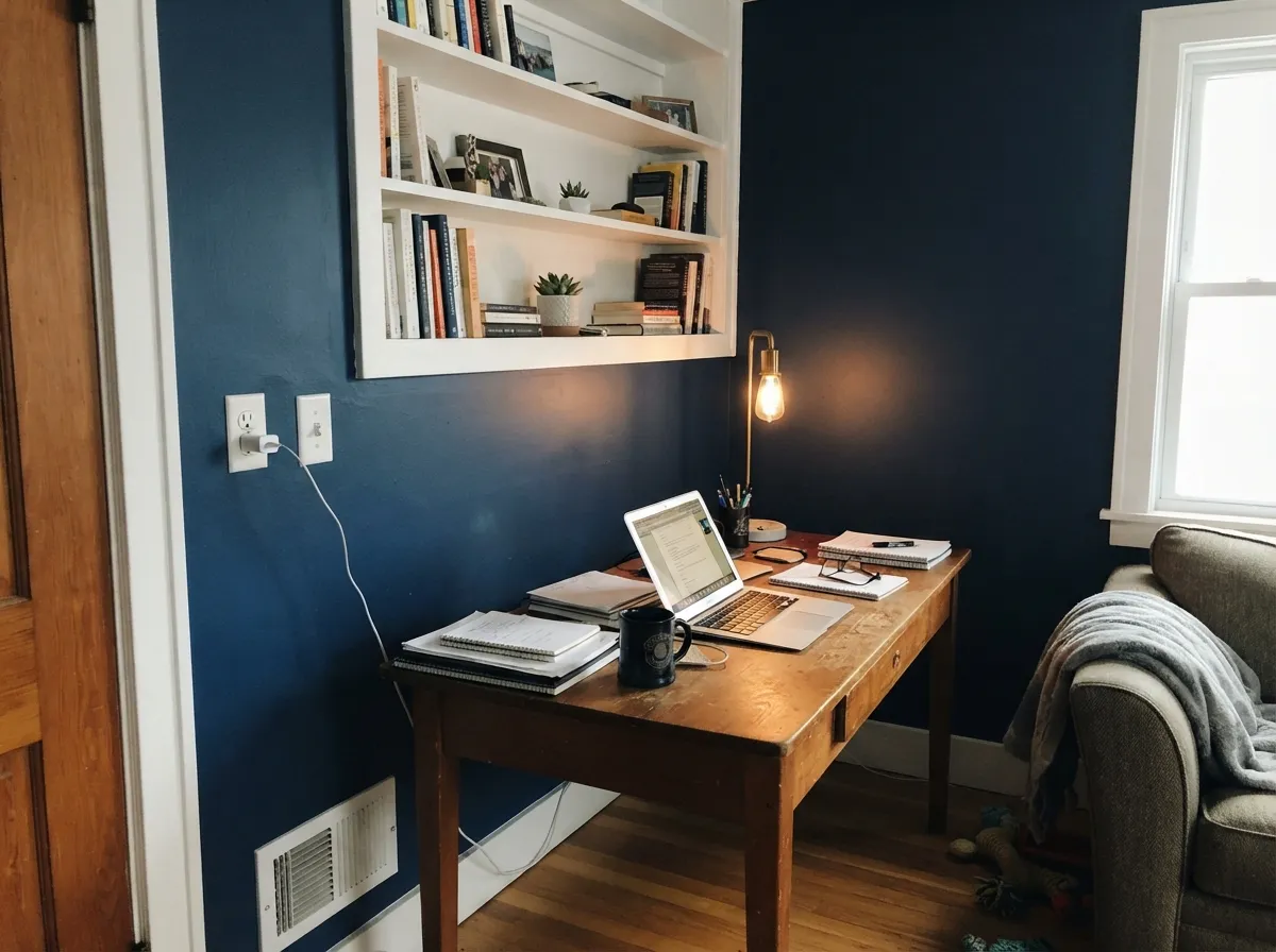 With a desk lamp and warm wood nearby, a closed home office is exactly the kind of room this color was built for — grounded, not gloomy.