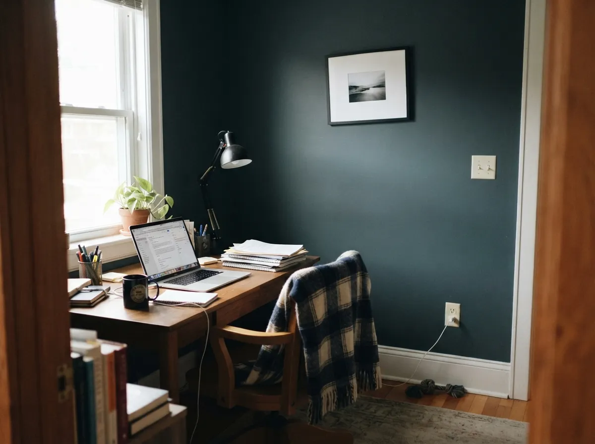 With a real window doing the work, the walls hold a genuine slate-blue in daylight — calm, not gloomy.