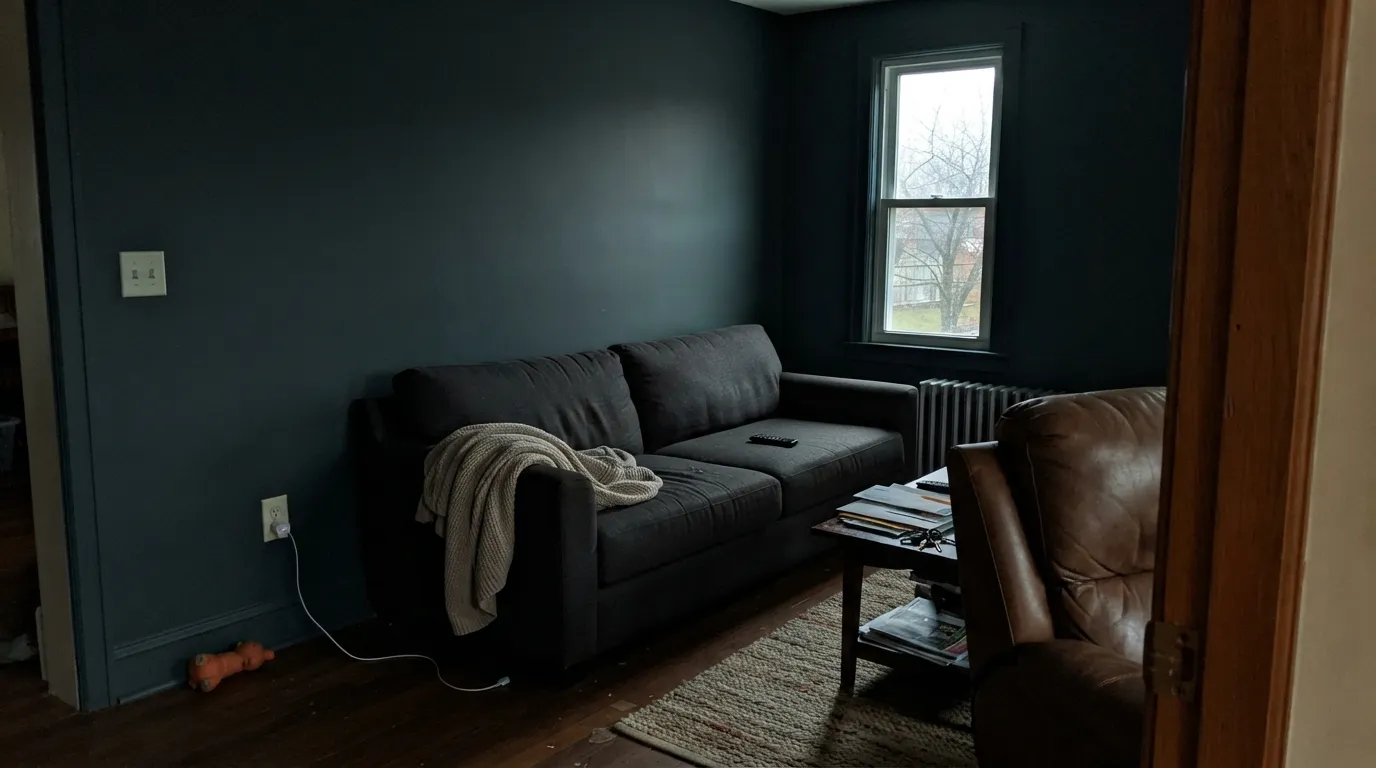 The honest shot: with no real light source in the room, the color just goes dark — the exact situation behind the "beautiful color but too dark for me" reviews.