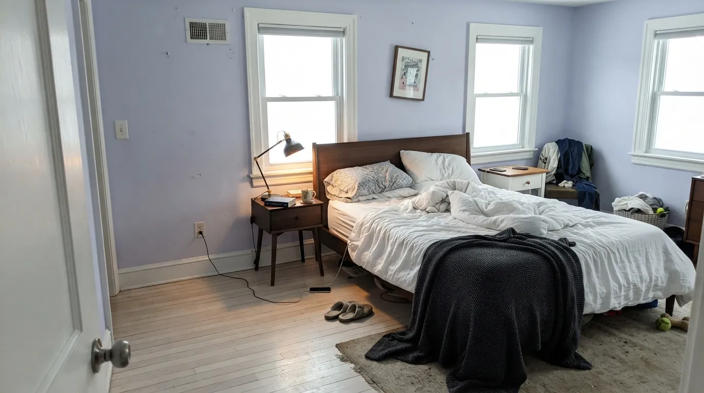 Lavender Mist in the light it needs — real daylight keeps the violet clean and present against Chantilly Lace trim, and the dark lamp and throw keep it from reading pastel.