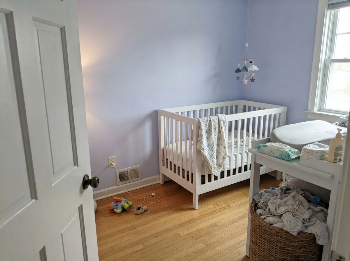The nursery case: soft enough for a crib room, quiet enough that it still works when the crib becomes a desk.