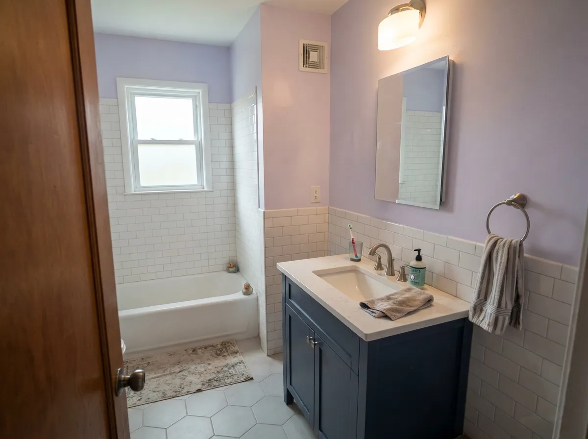 With white tile, a navy vanity and nickel hardware the lavender reads clean and deliberate — this is the room where nickel beats brass.