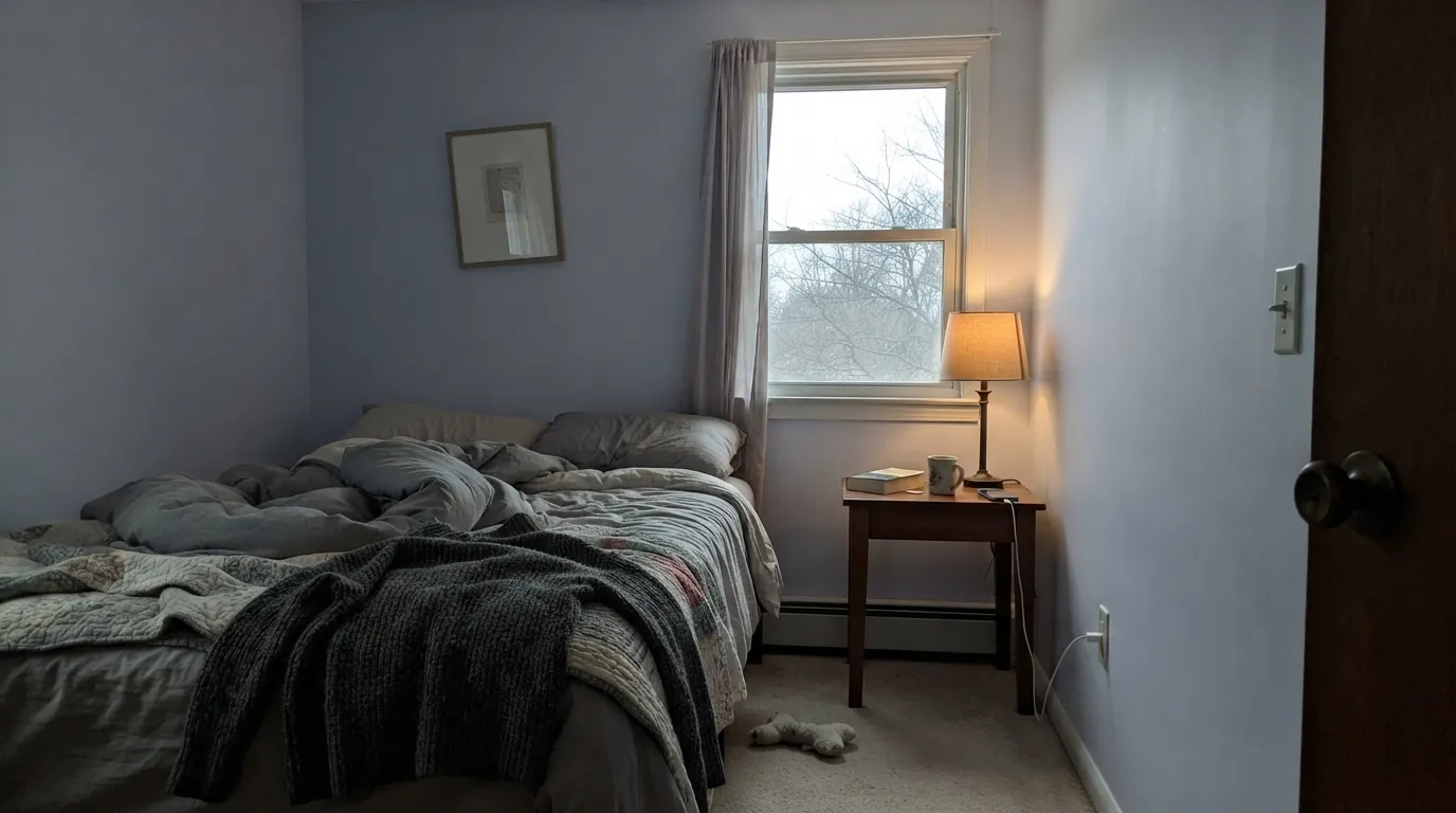 The honest shot: in a dim room under a warm bulb the violet drains away and Lavender Mist reads as a plain cool off-white — the "I can't tell I painted" complaint, exactly as owners describe it.