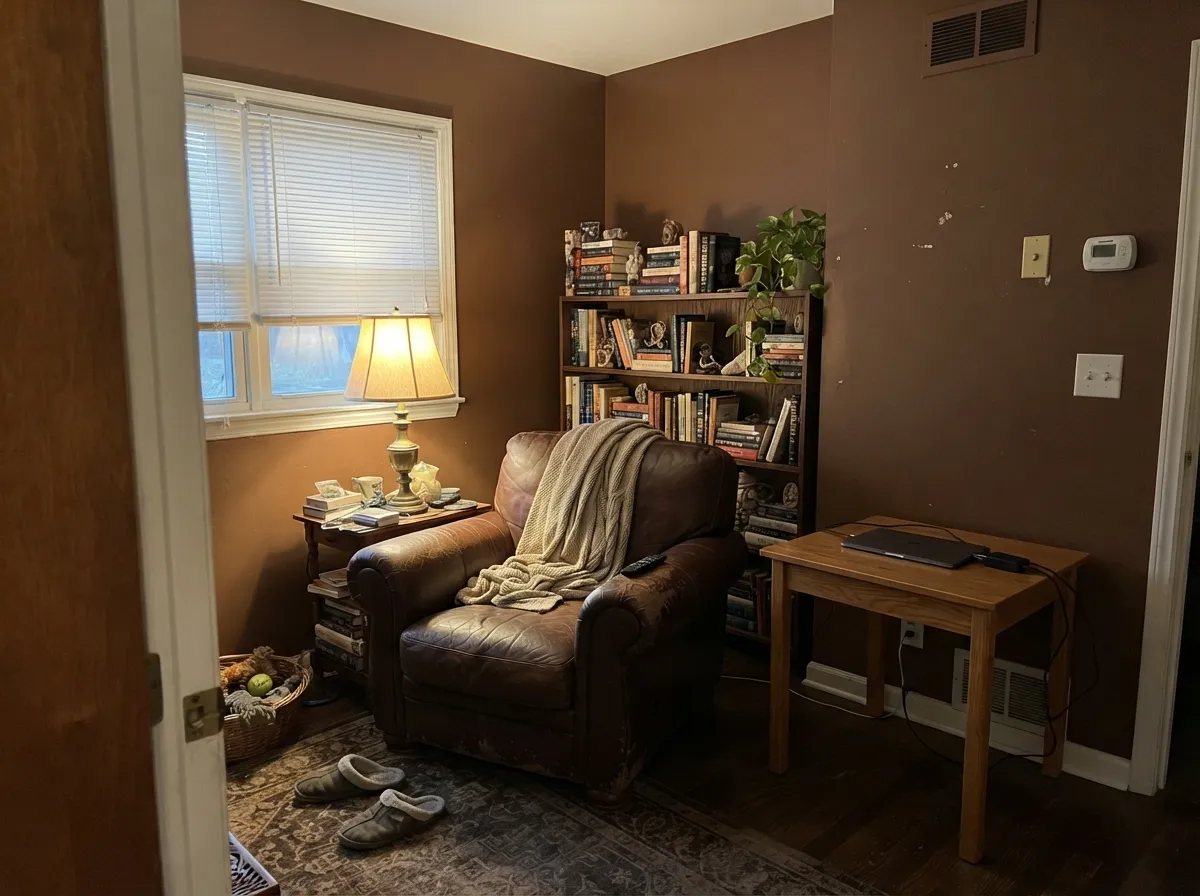 Under lamp light and walnut shelving the brown turns genuinely leathery — its best interior room.