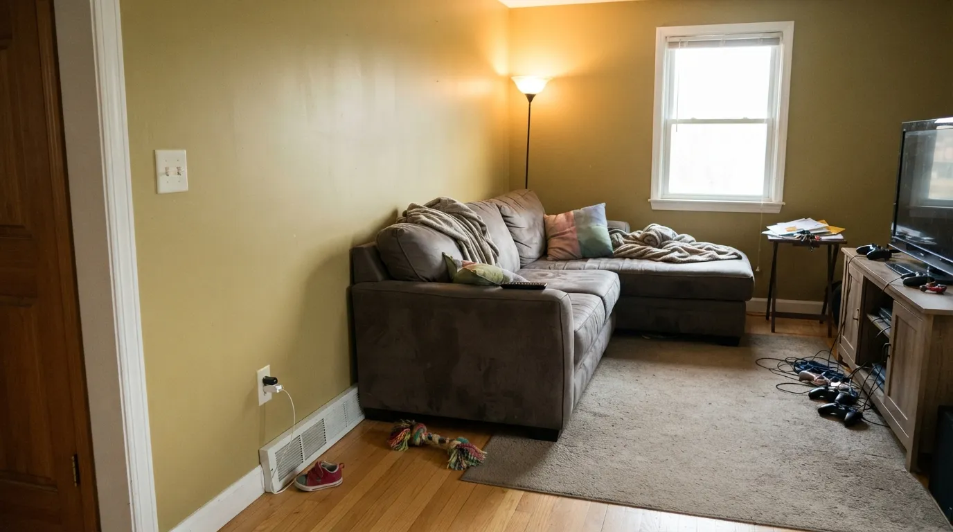 Lenox Tan doing the job it is best at — a family room with real clutter, where a mid-depth warm wall holds everything together instead of showing every scuff.