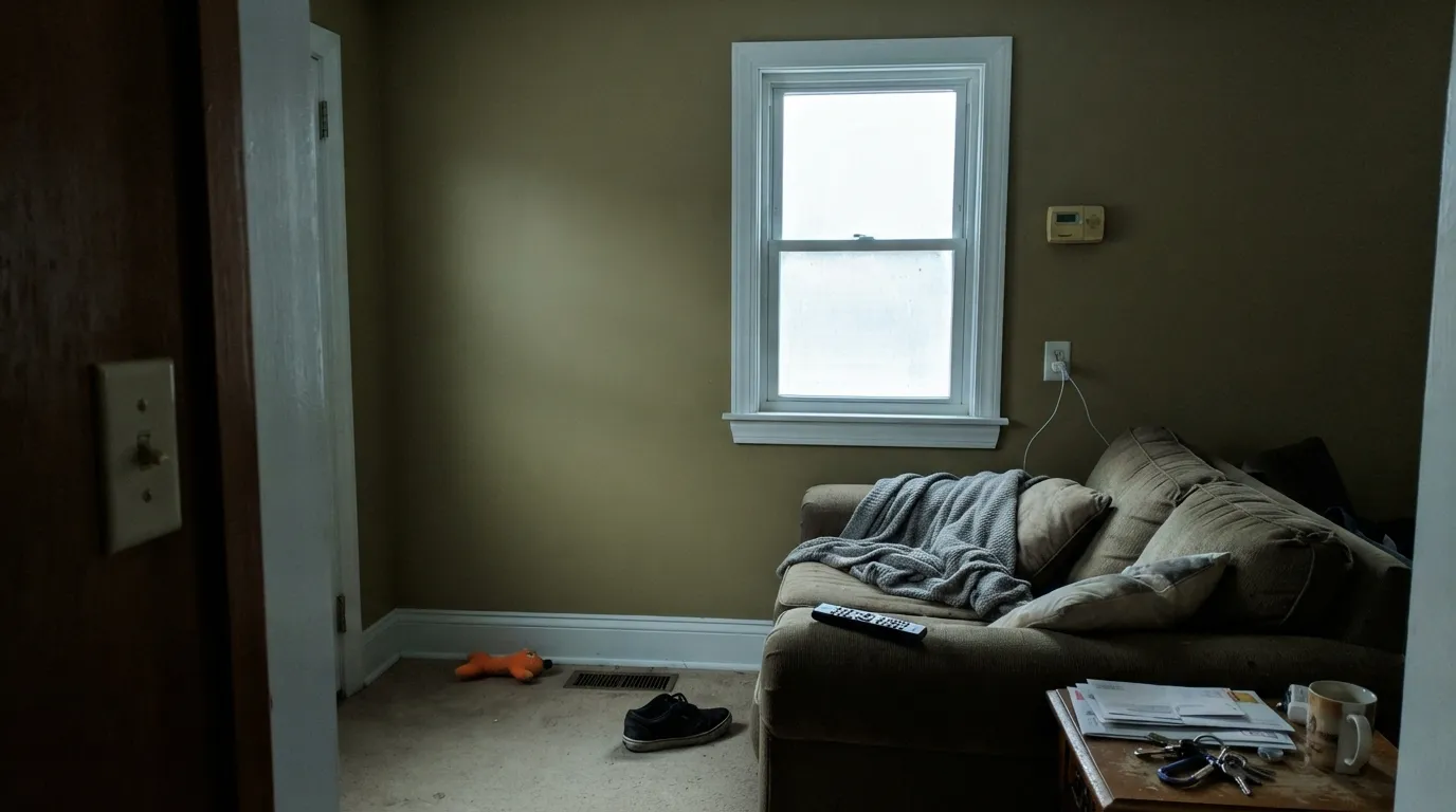 The honest shot: cool north light plus cool LED bulbs plus a bright white trim, and the green under the yellow takes over — the “it dried olive, no tan at all” complaint in one photo.