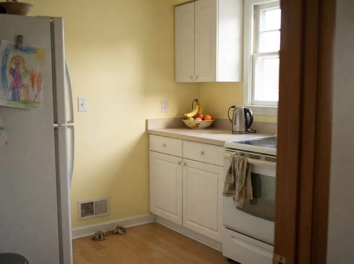 With Simply White cabinets the yellow reads fresh and cottage-y instead of Tuscan — the pairing this color needs.