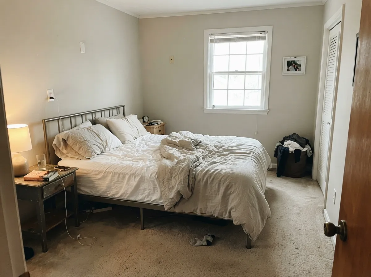 In a morning-lit bedroom the greige stays soft — gray enough to feel calm, warm enough not to go cold.