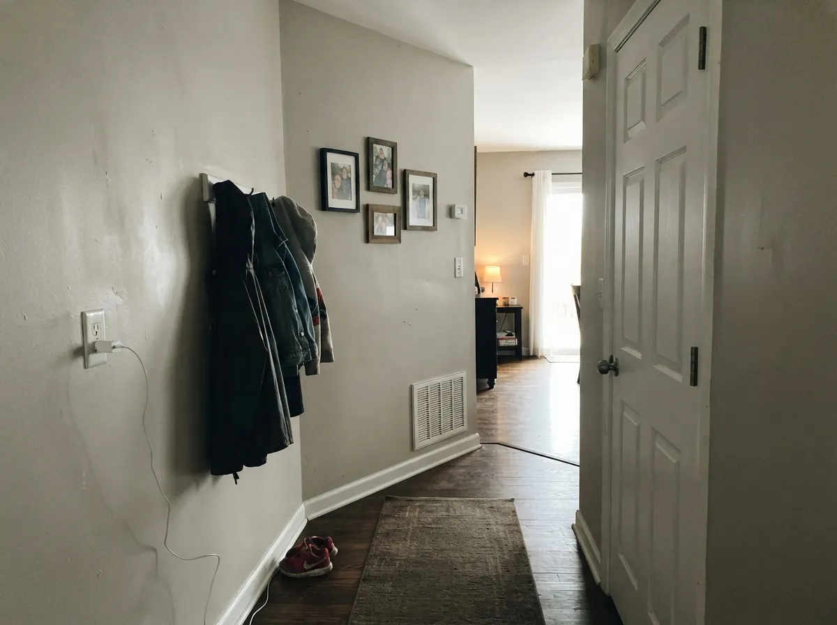 The whole-house test: Light Pewter carries a dimmer hall without the murk Revere Pewter is famous for — still a color, still open.
