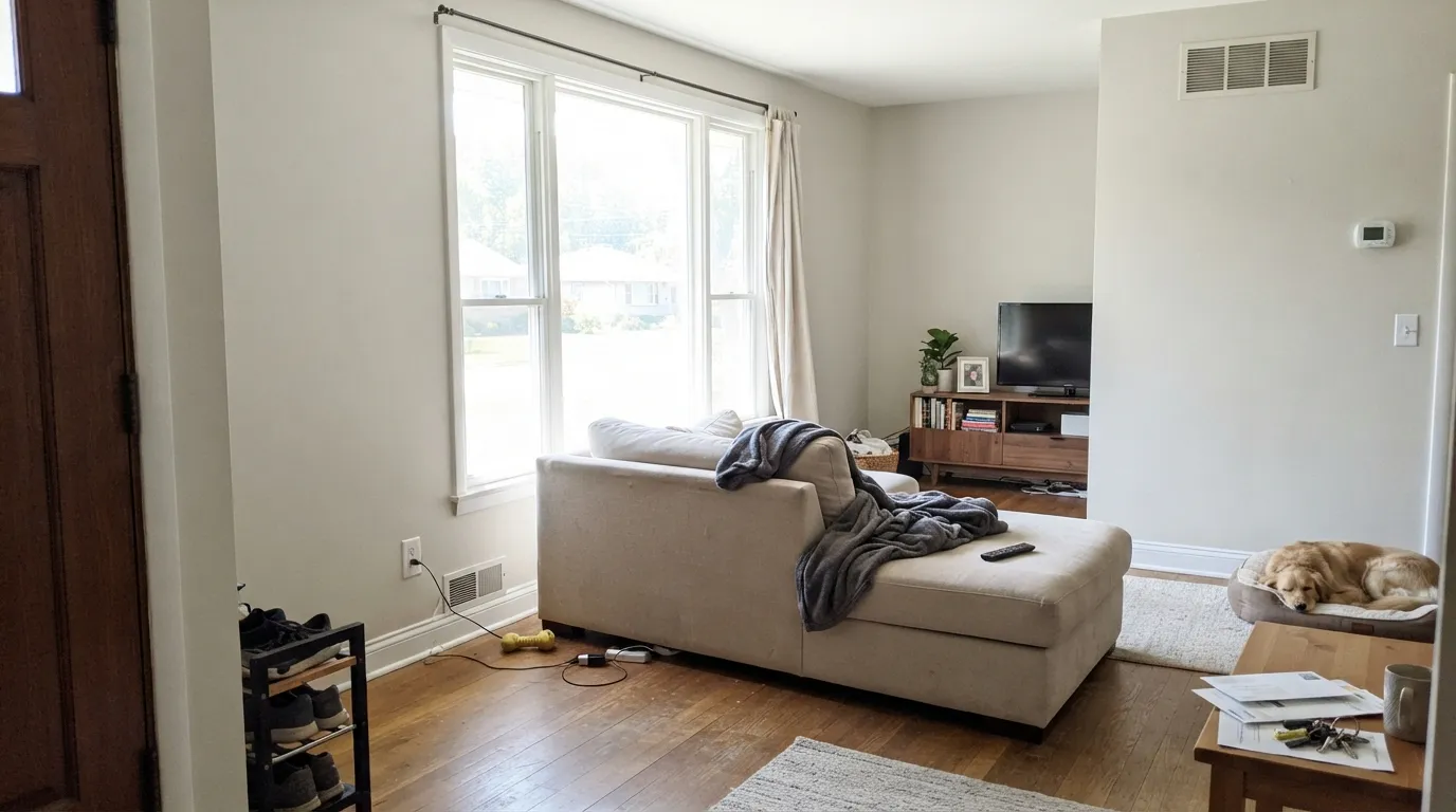 The honest shot: noon sun in a glass-heavy south room bleaches Light Pewter toward off-white — the wall stops registering as a color, which is the complaint from rooms that were too bright for it.