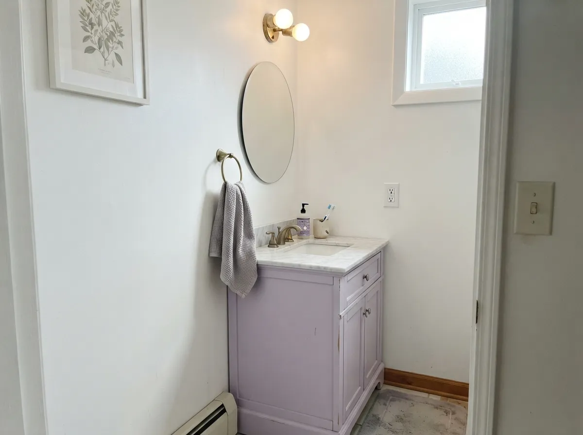 The small-commitment move: a Lily Lavender vanity under white walls reads custom without betting the whole room on purple.