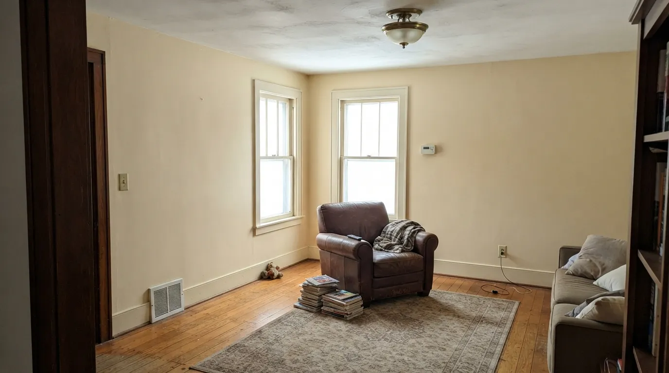 Cool north light keeps the cream calm, and the walls stop the stained oak trim from reading orange — this is the room Linen White was made for.