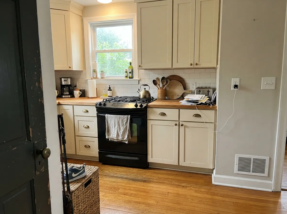 On cabinets in morning light the cream sits easily with butcher block and brass, which is exactly the kitchen it needs to stay in.