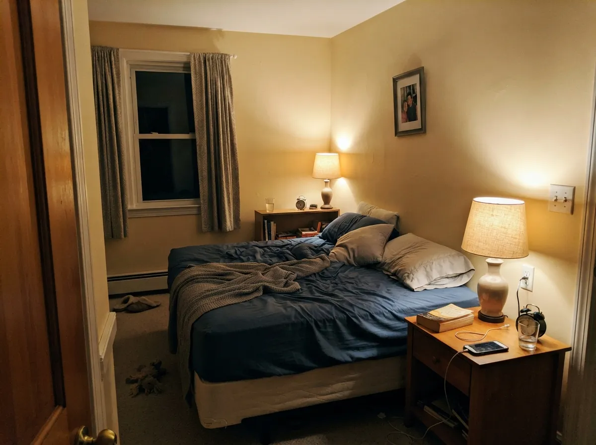 Under warm 2700K lamps the cream deepens and glows, and the brighter warm trim keeps it from looking muddy.