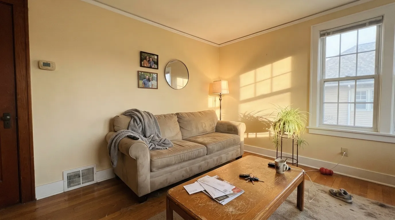 The honest shot: hard afternoon sun plus a cool-white ceiling turns Linen White butter yellow — the exact situation behind almost every bad review.