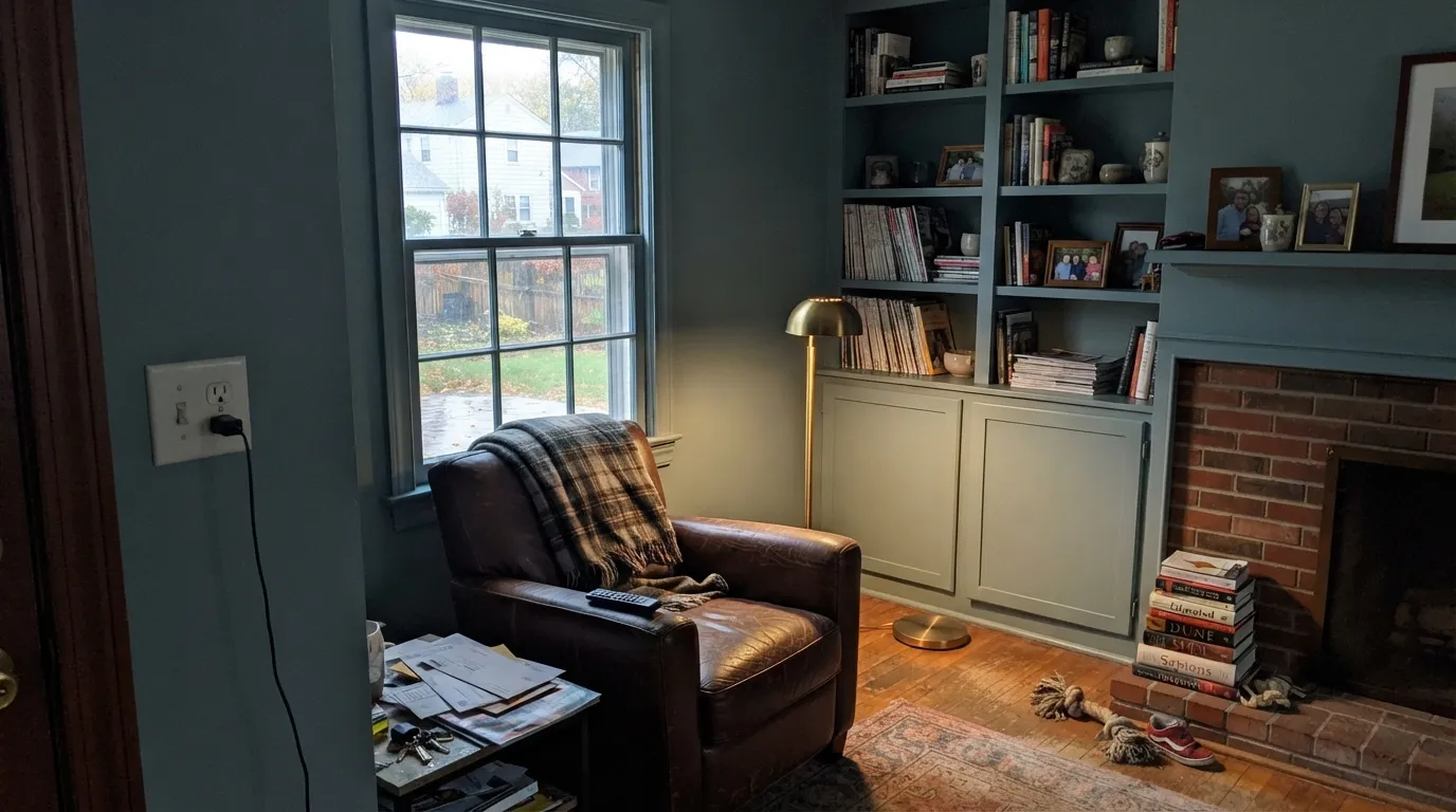 Louisburg Green in the room it was built for — a daylit den with white built-ins, reading like a real historical library instead of a paint chip.