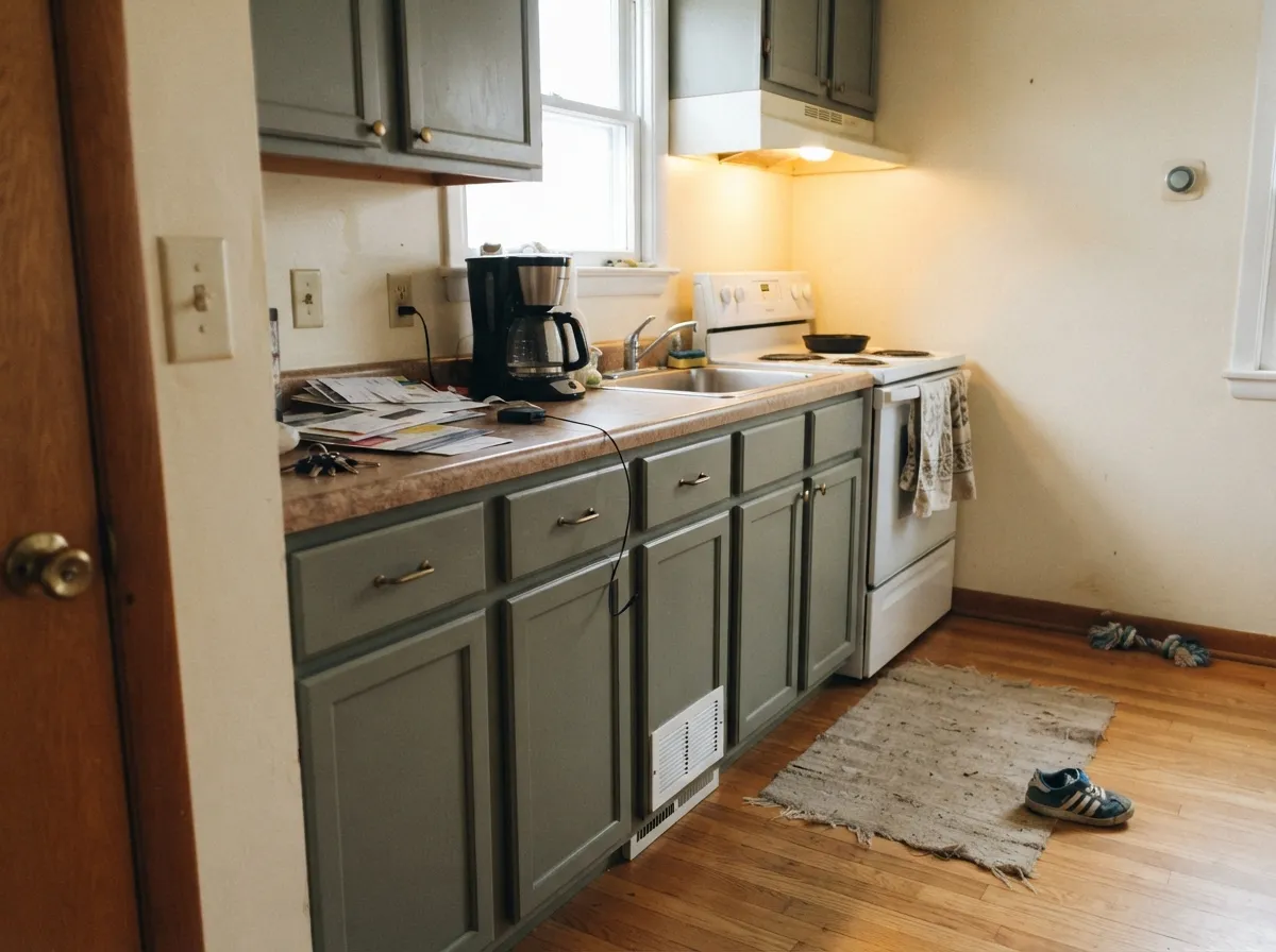 On lower cabinets under a warm cream wall, it reads old-house and custom — the pairing this color was made for.