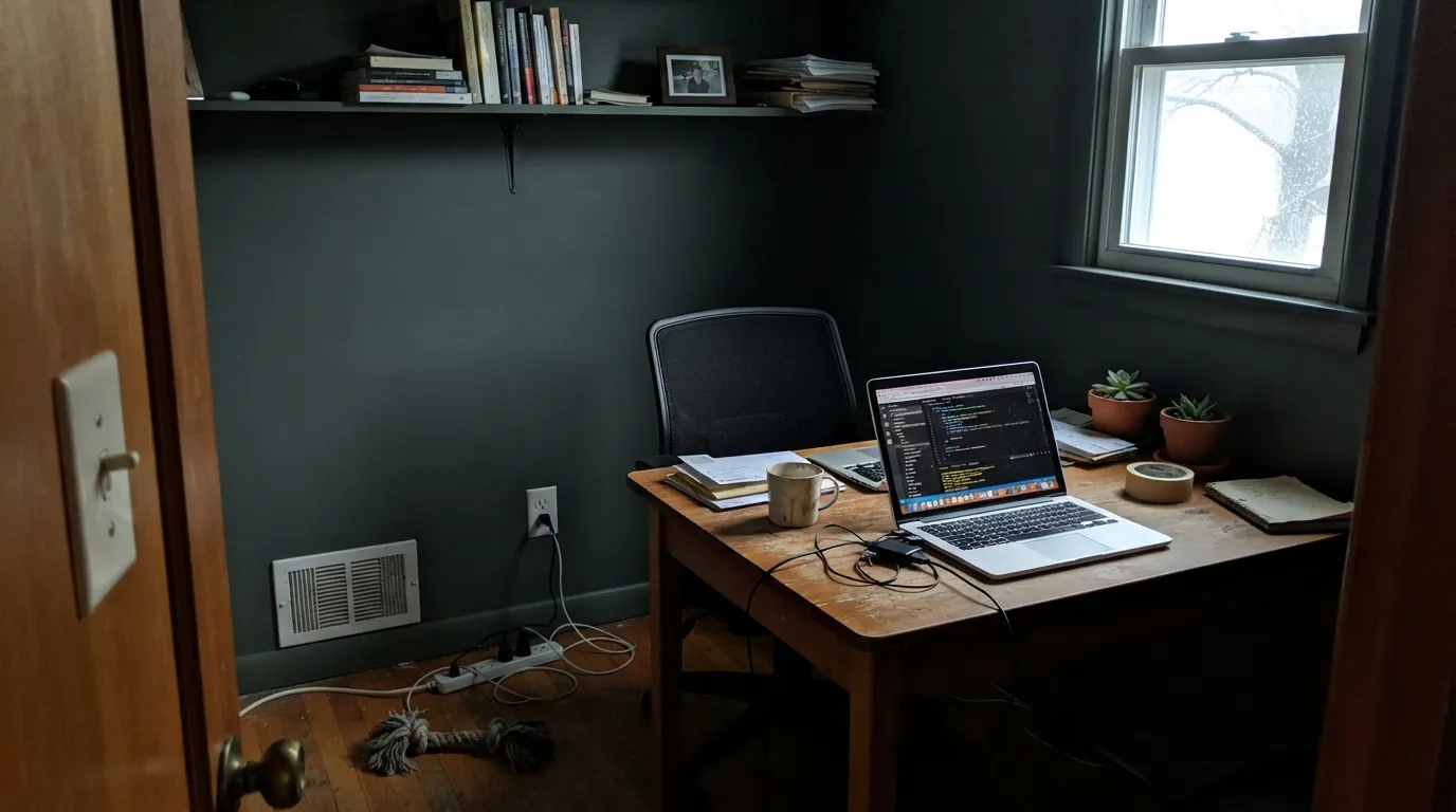 The honest shot: a dim north room with no lamps drains the green out and leaves something close to flat charcoal — the exact 'dark and oppressive' worry real buyers have before painting it.