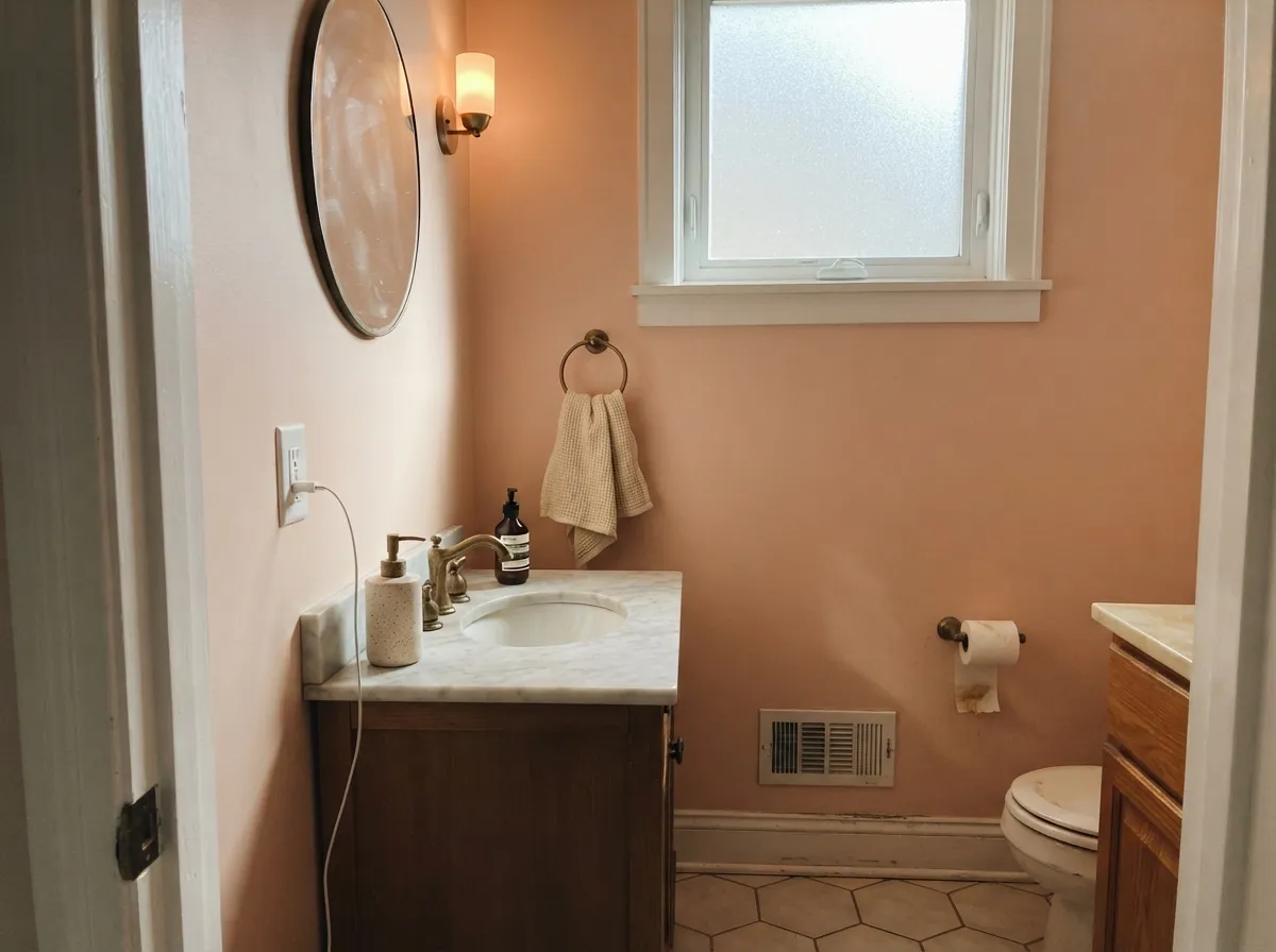 In a small, well-lit powder room the color reads custom against brass and marble — the designer move for this shade.