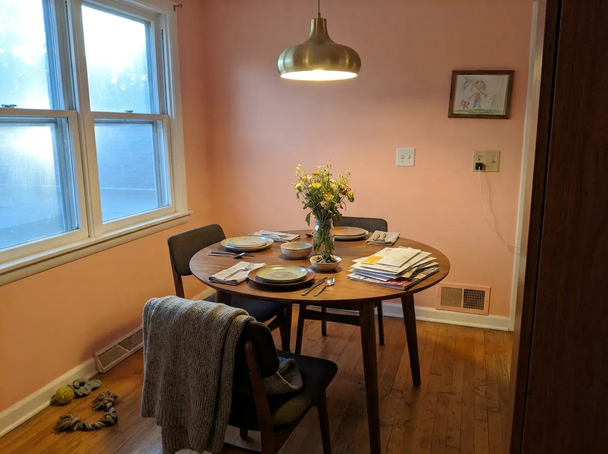 Under a brass fixture and warm wood, the apricot warms the whole room at dinner-hour light.