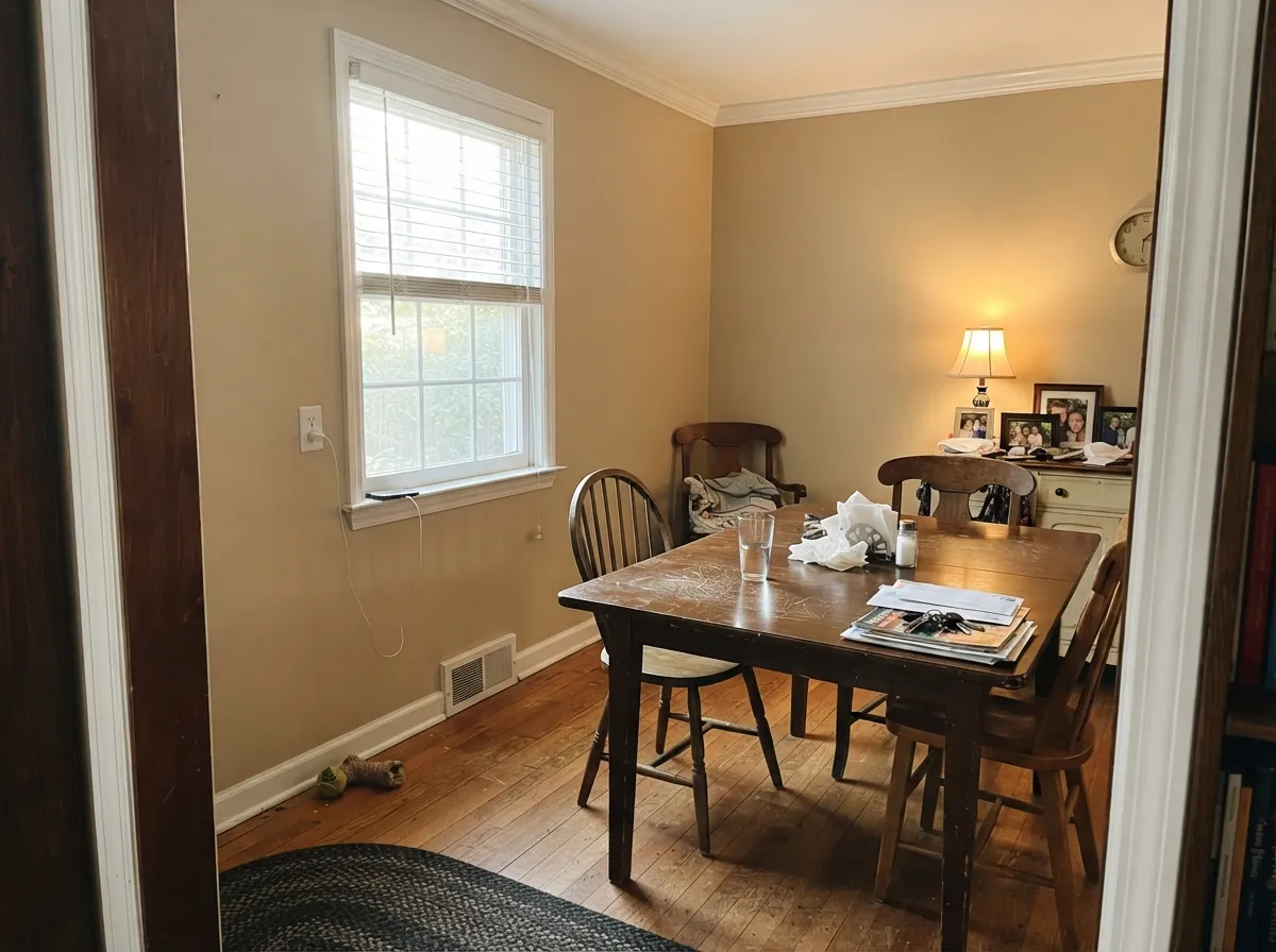In warm afternoon light the tan deepens toward caramel — cozy at dinner, and the reason this color owns traditional dining rooms.